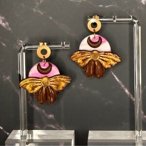 Gold and Pink Moth Earrings
